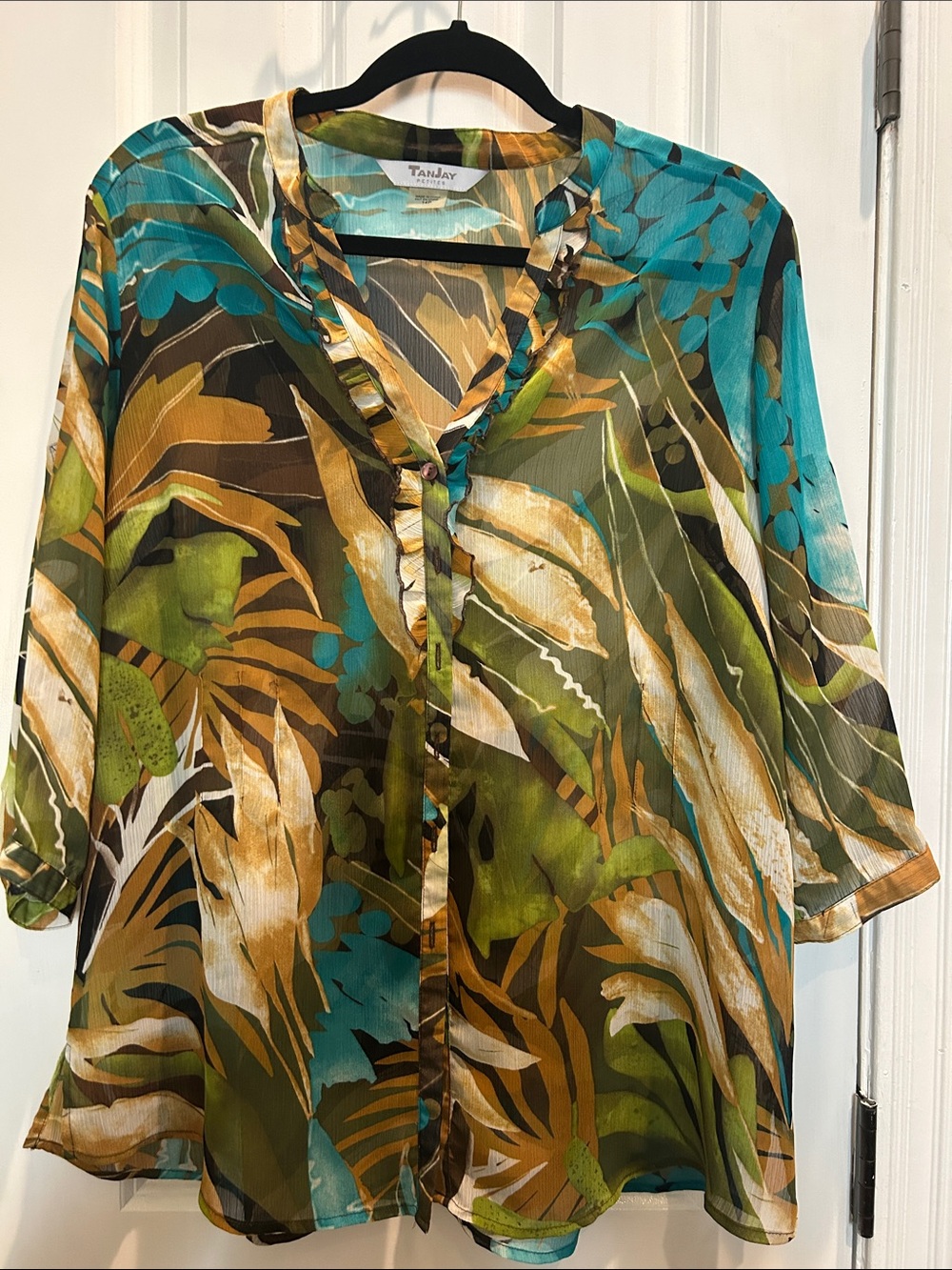 TanJay Tropical Sheer Button-Front Blouse in Teal, Olive, Brown